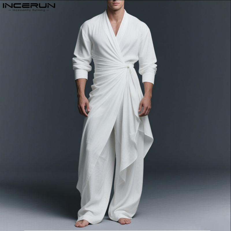 Retro Track Pant - INCERUN Men Sets Solid V Neck