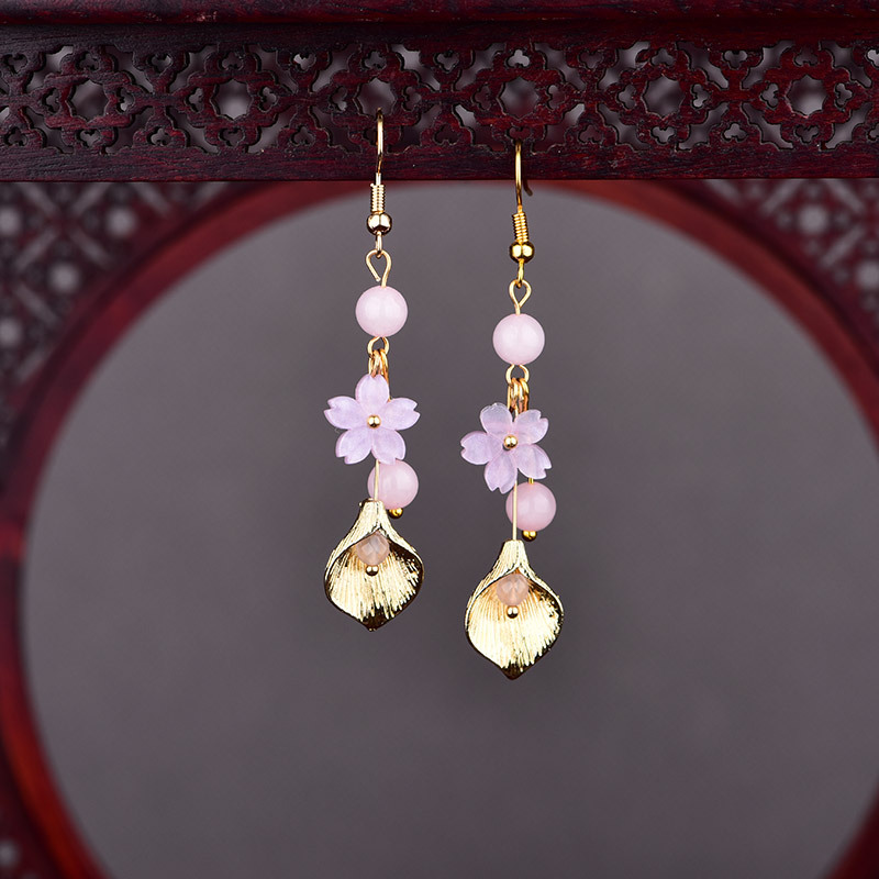 Vintage Fashion Luxury - Pink Natural Jade Flower Earrings Vintage