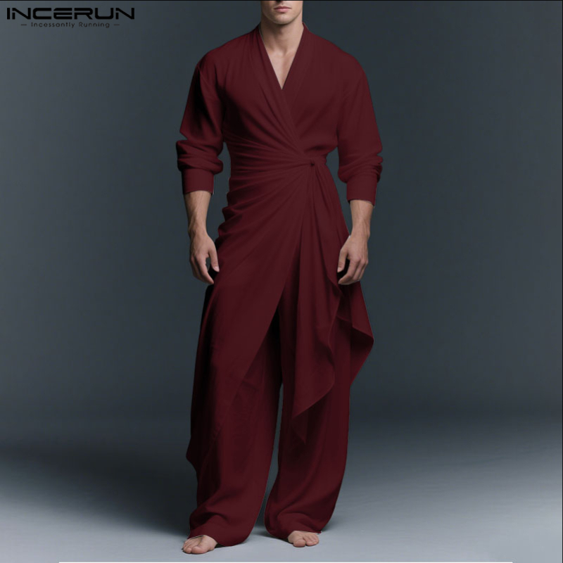 INCERUN Men Sets Solid V Neck  - Retro Track Pant review and price